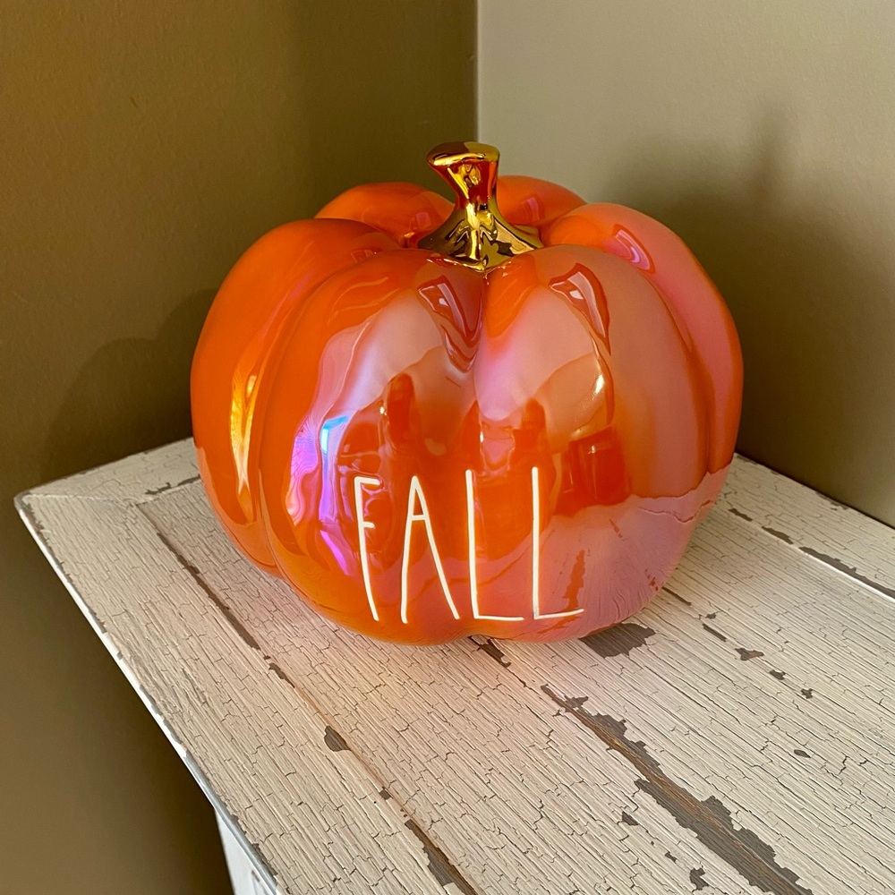 Rae Dunn Iridescent Orange Pumpkin Decor with Gold Stem